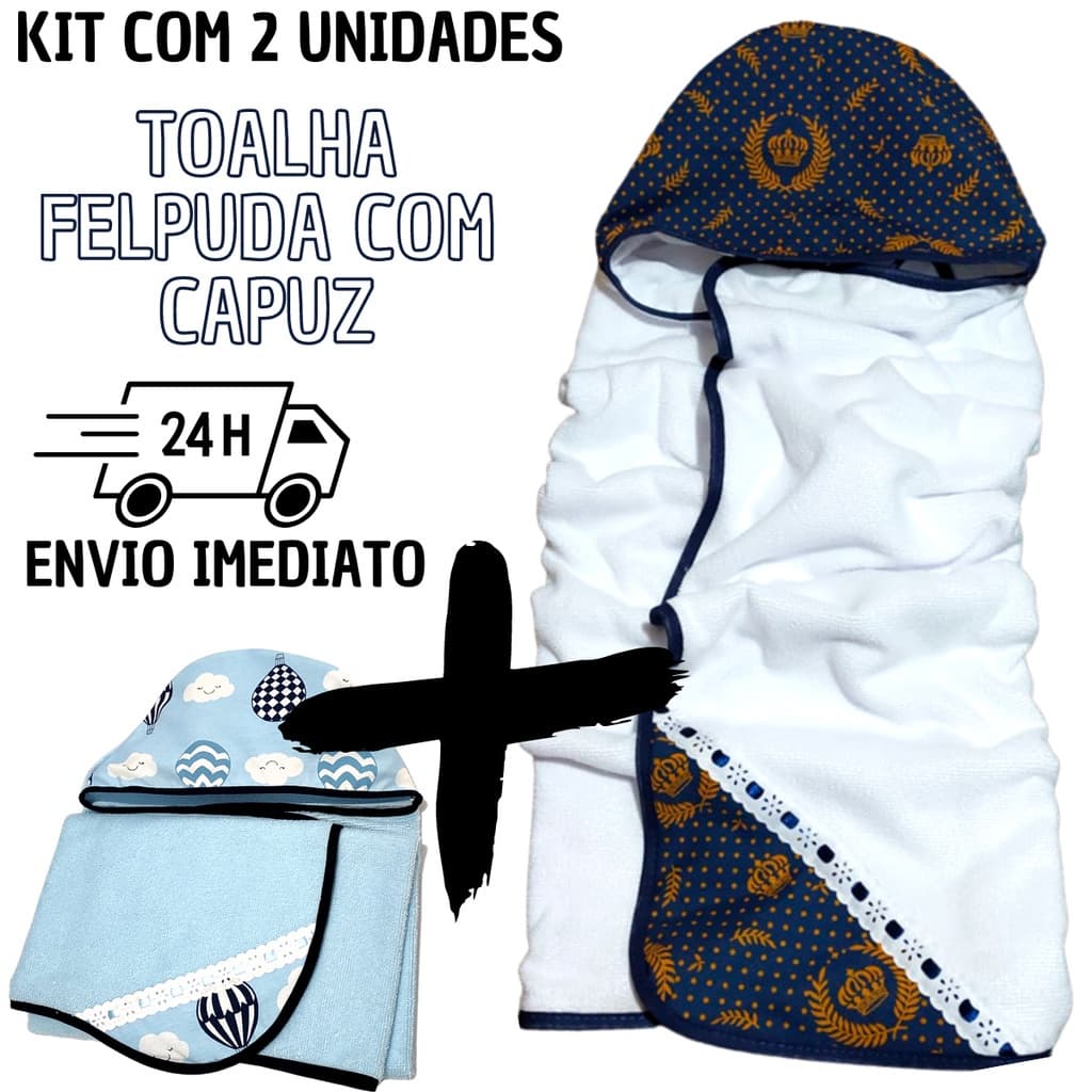 Kit com 2 Toalha De Banho Bebe Dupla Face Modelo Luxo Com Capuz Forrada com Fralda 100% Algodão