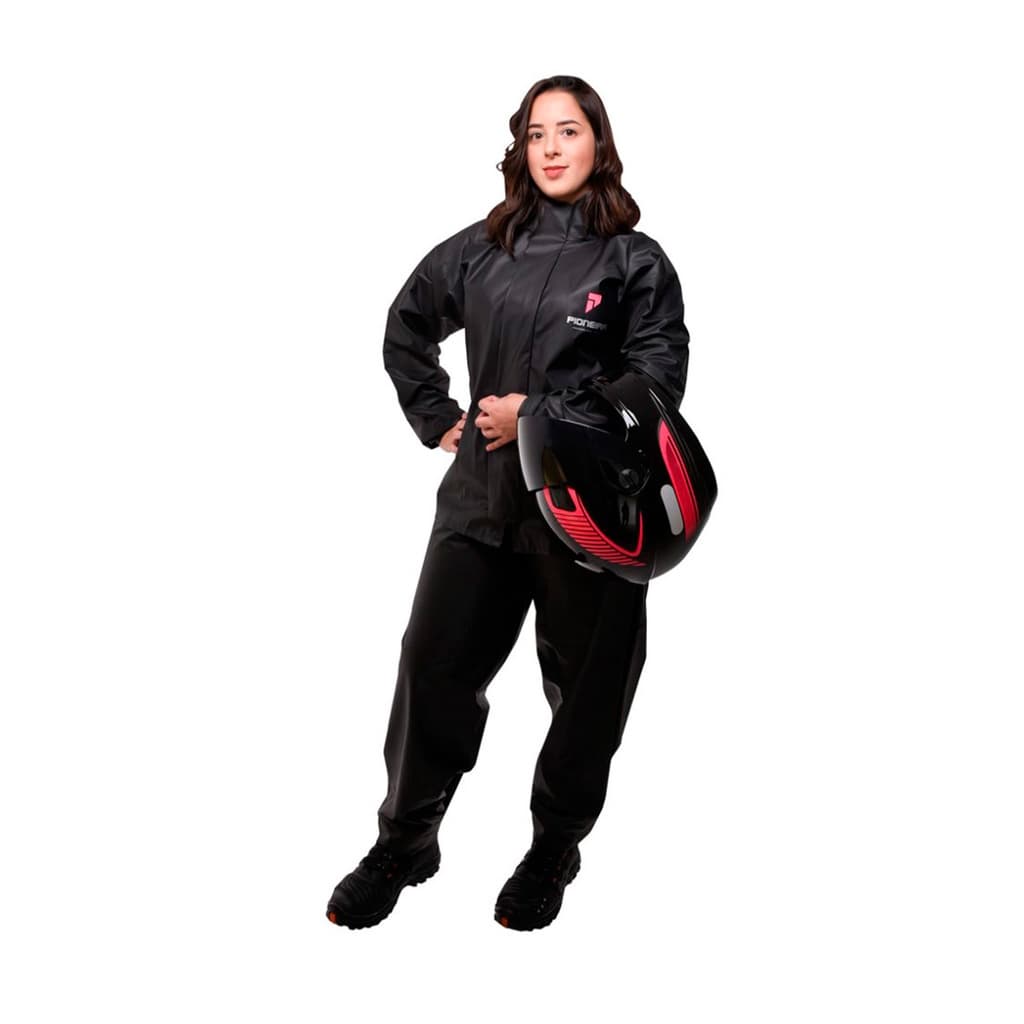 Capa Chuva Moto Pioneira Combate Gola Feminino Impermeável Conjunto Preto Elástico Regulador PVC