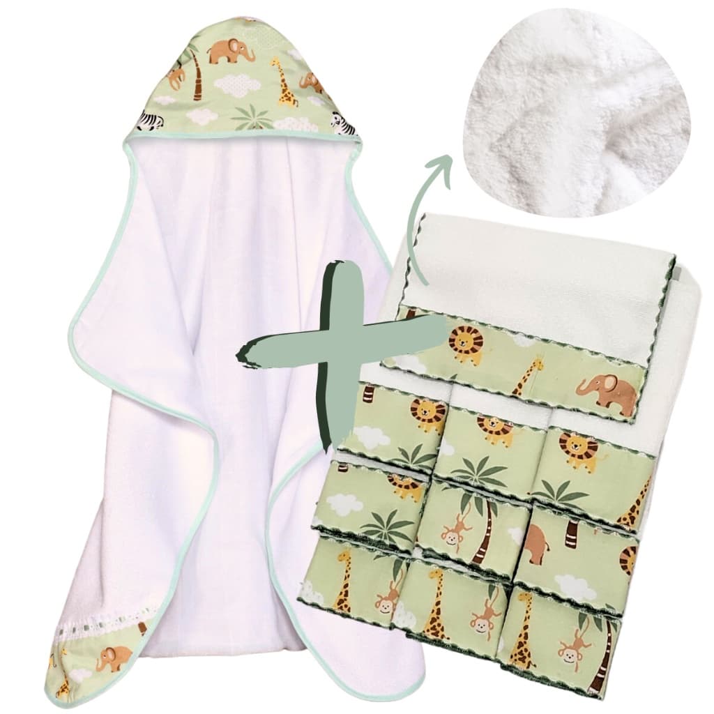 Toalha de Banho Bebe Dupla Camada + 6 Toalhas de Ombro para Bebê 100% Algodão Estampada