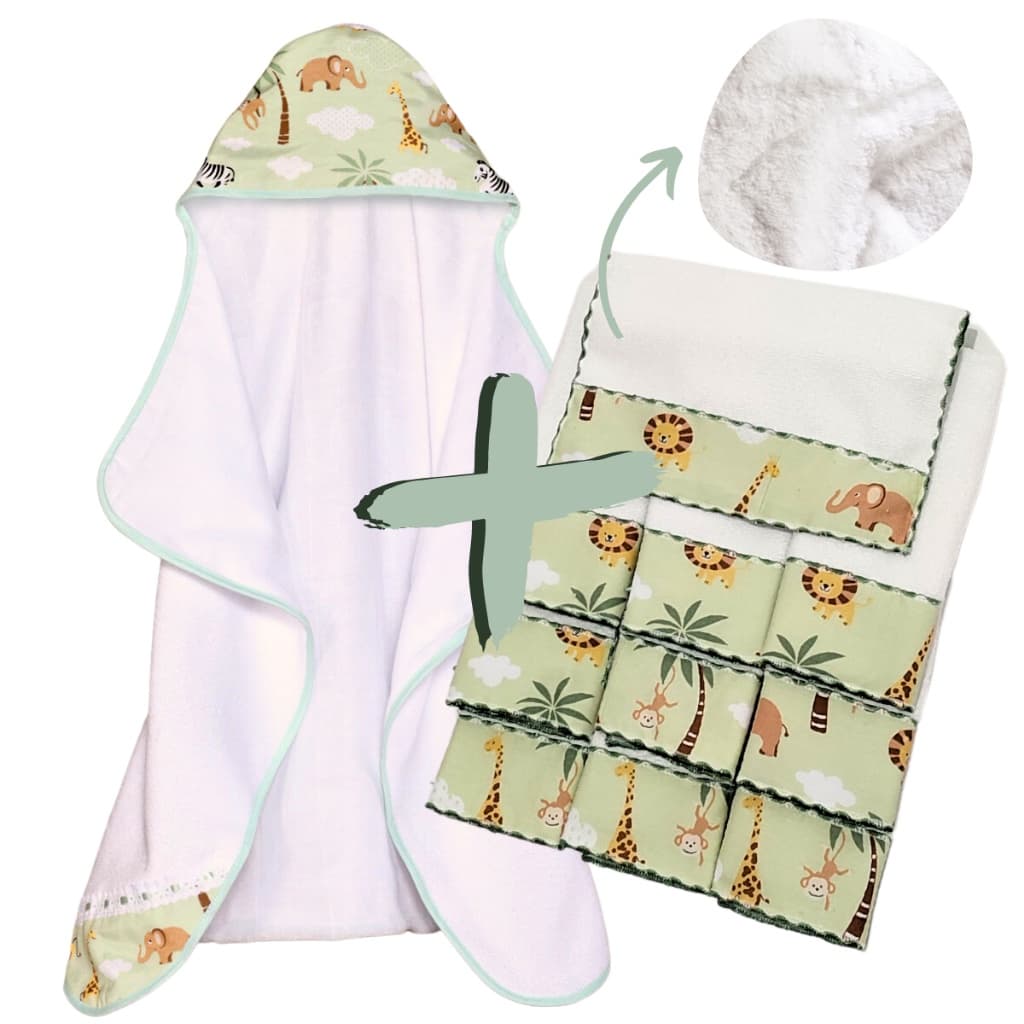 Toalha de Banho Bebe Dupla Camada + 6 Toalhas de Ombro para Bebê 100% Algodão Estampada