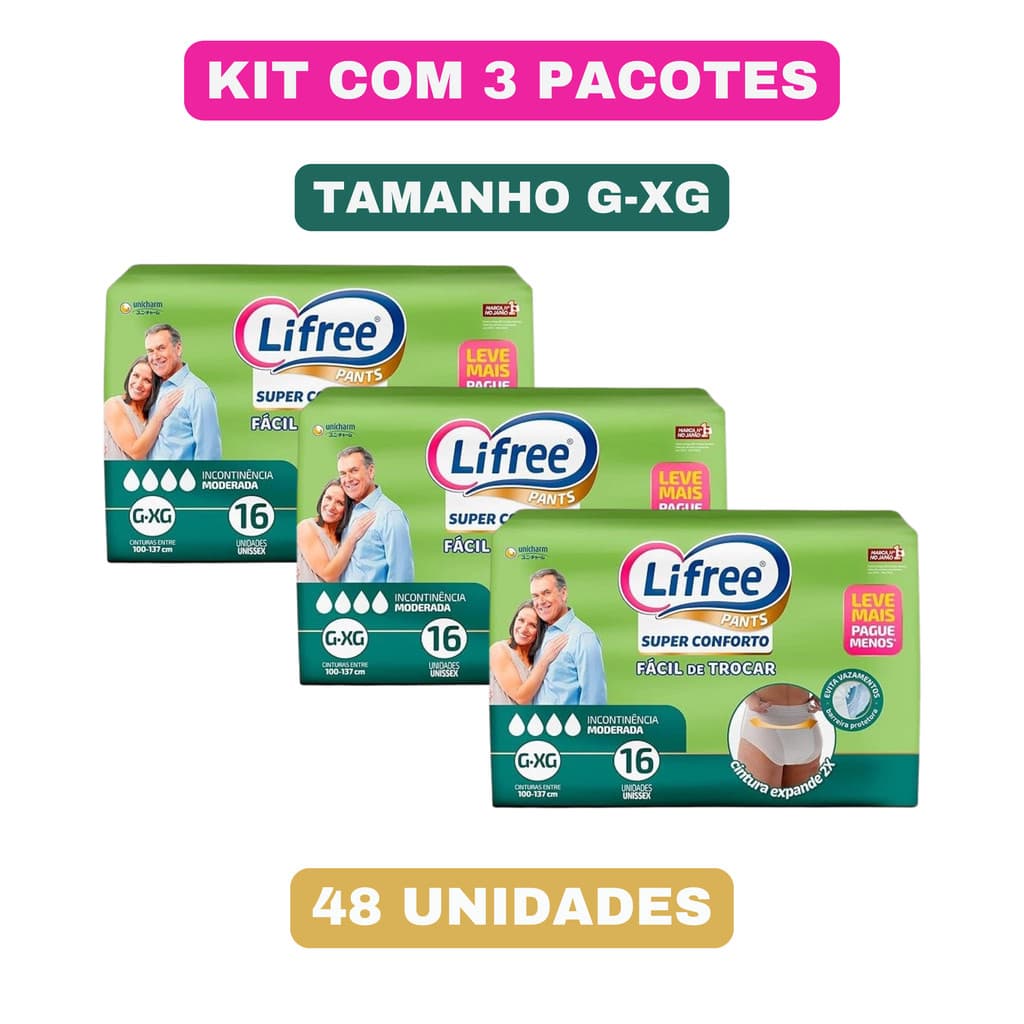 Kit c/ 3 pacotes Fralda Calça Super Conforto Lifree Geriátrica G/XG Com 16Uni