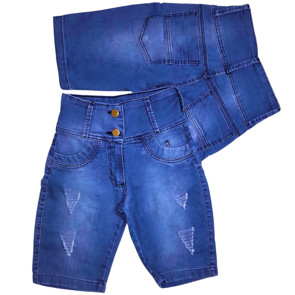 Short Jeans Feminino Ciclista Levanta Bumbum Cintura Alta Bermuda Feminino Luxo Cós Alto Destroyed