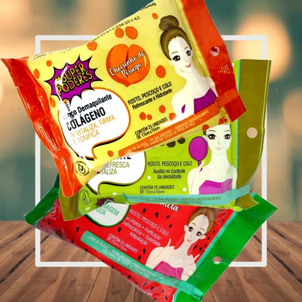 Kit 3 Lenço De Limpeza Facial Demaquilante Melão, Pêssego, Melância e Donut Super Poderes c/ 25 unidades
