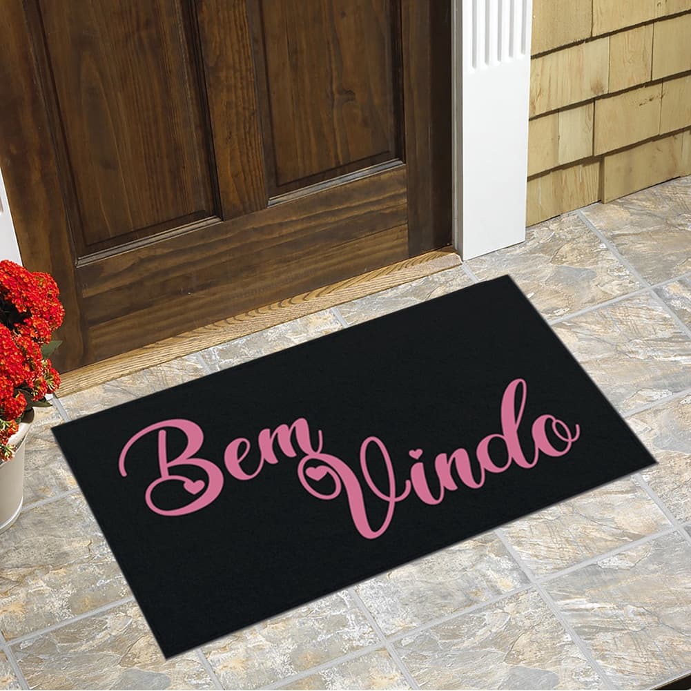 Tapete Capacho Preto Bem Vindo Rosa - Antiderrapante