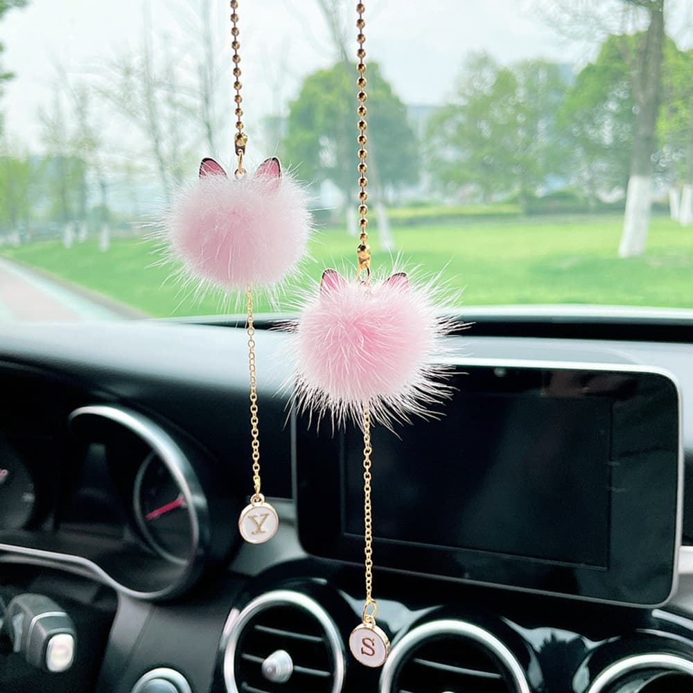 Acessórios De Pendurar Espelho Retrovisor Para Mulheres , Bola De Pelúcia Branca/Rosa Carros , Ornamento Da Sorte Pendant (Cat)
