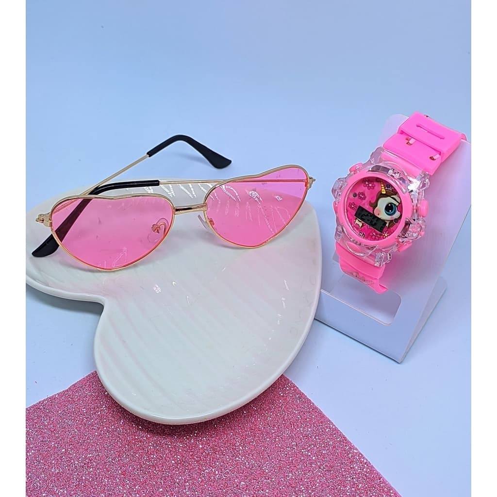 Kit Relógio Infantil Digital Pisca Luz Led Princesa Disney Meninas Barbie Frozen + Óculos de Sol Coração Aço Flexivel