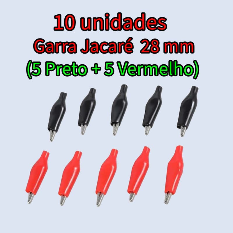 10 unidades Garra Jacaré - Isolado - Pequeno 28mm (5 Preto + 5 Vermelho)
