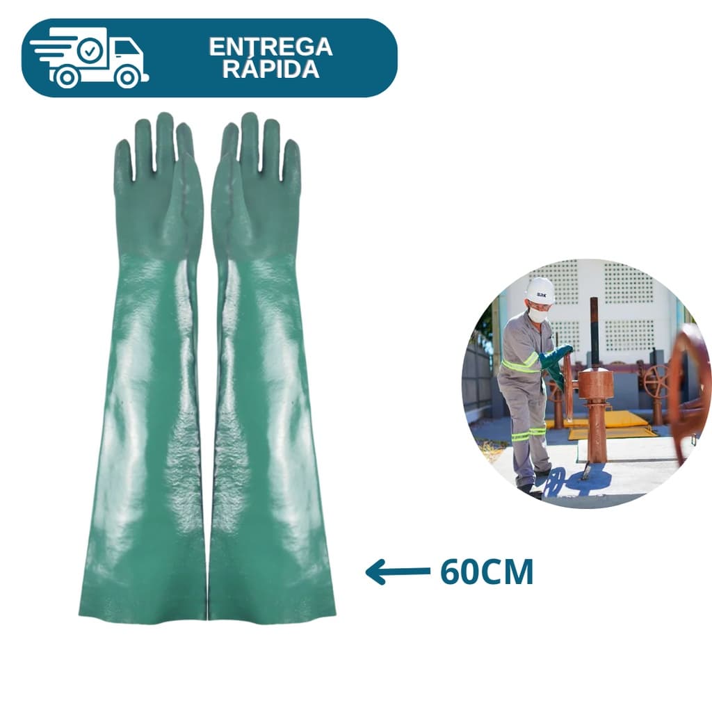 Luva De PVC Cano Longo 60cm Verde Forrada Palma Áspera Resistente Proteção Química Esgoto Epi