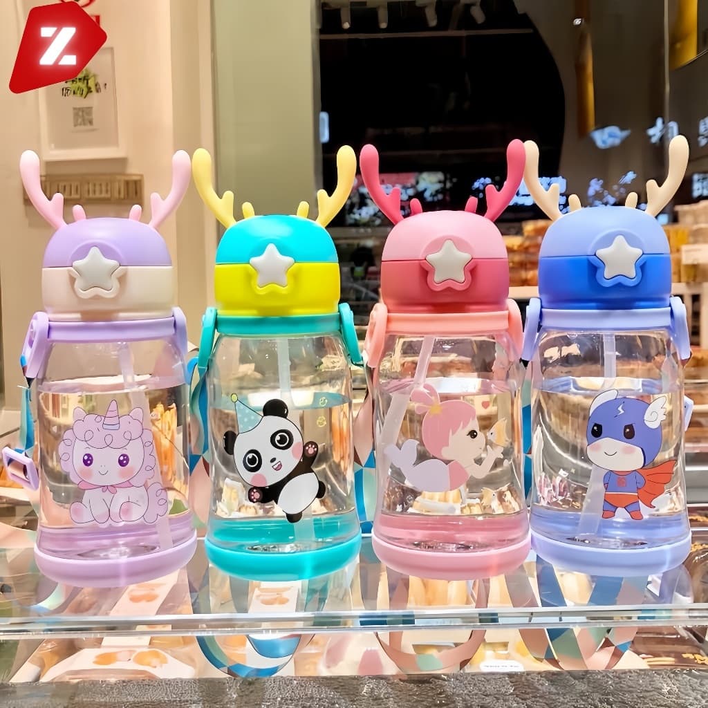 Garrafa De Alce Água Infantil Criança Portátil Com Canudo Desenho Multicolorido