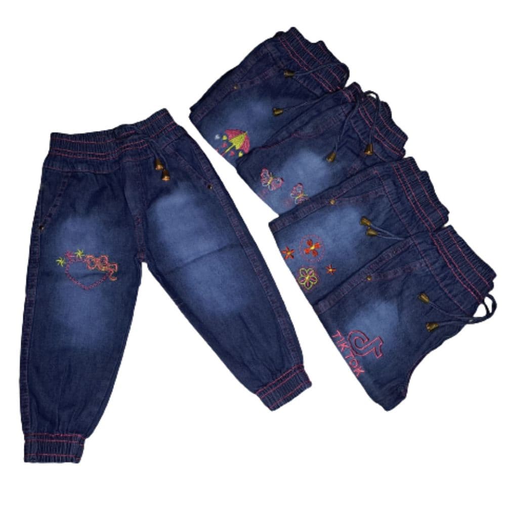 Calça Jeans Infantil Jogger Menina com Elástico na Cintura e Estampa Bordada Tamanhos 1 ao 8