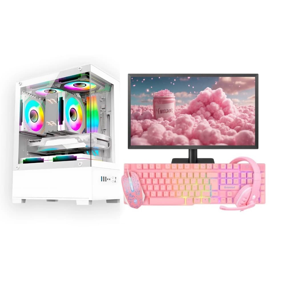Computador Gamer Completo, Branco/Rosa, Teclado, Mouse, Fone de ouvido - Roblox/Free fire