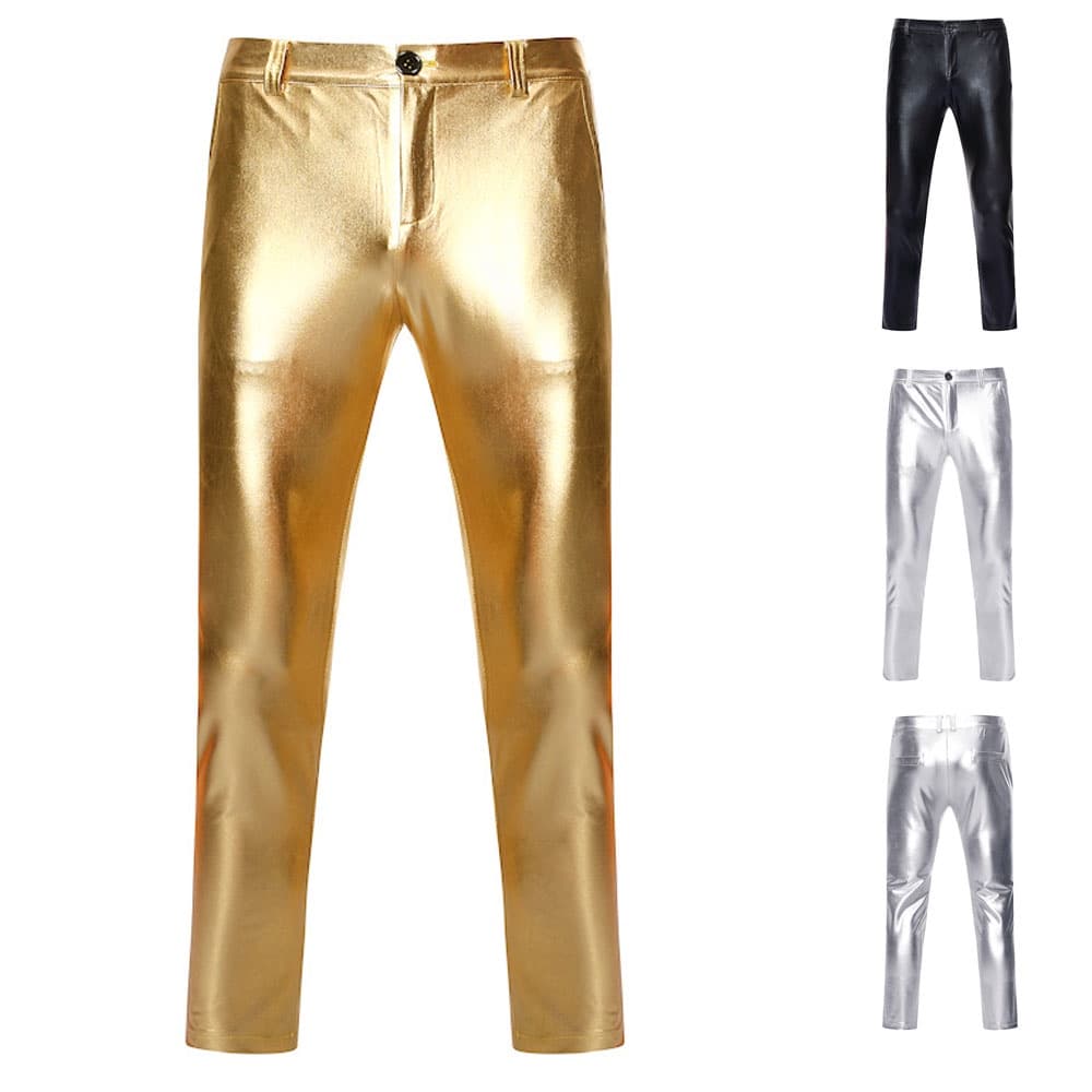 Calça Social Masculina Metálico Brilho Slim Fit Cor Liso Moda Estilo para Barra Clube Festa Plus Size