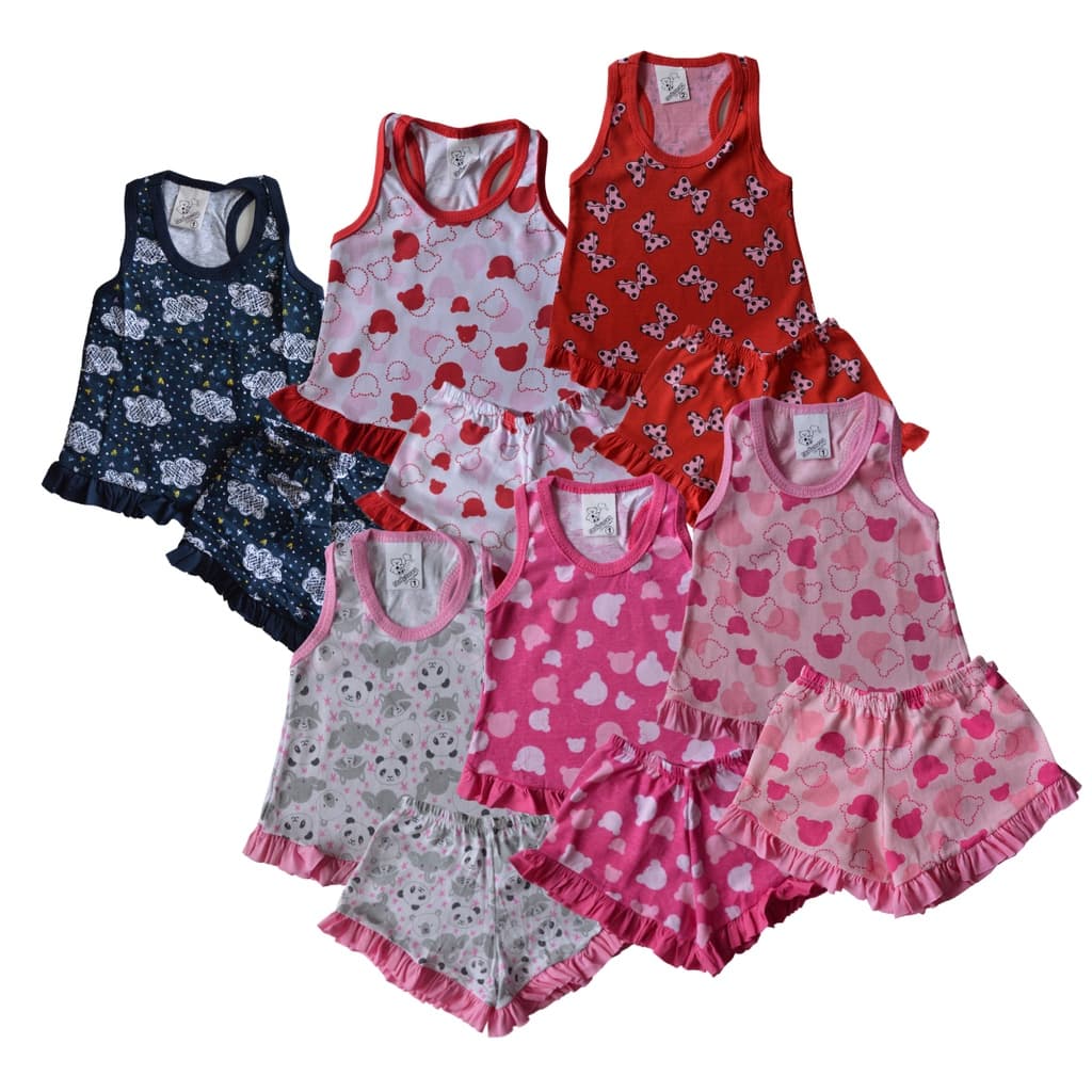 KIT 6 Peça Conjunto Baby Doll Estampado - Pijama Juvenil  1-16 Anos - Short e Regata Noite Quente