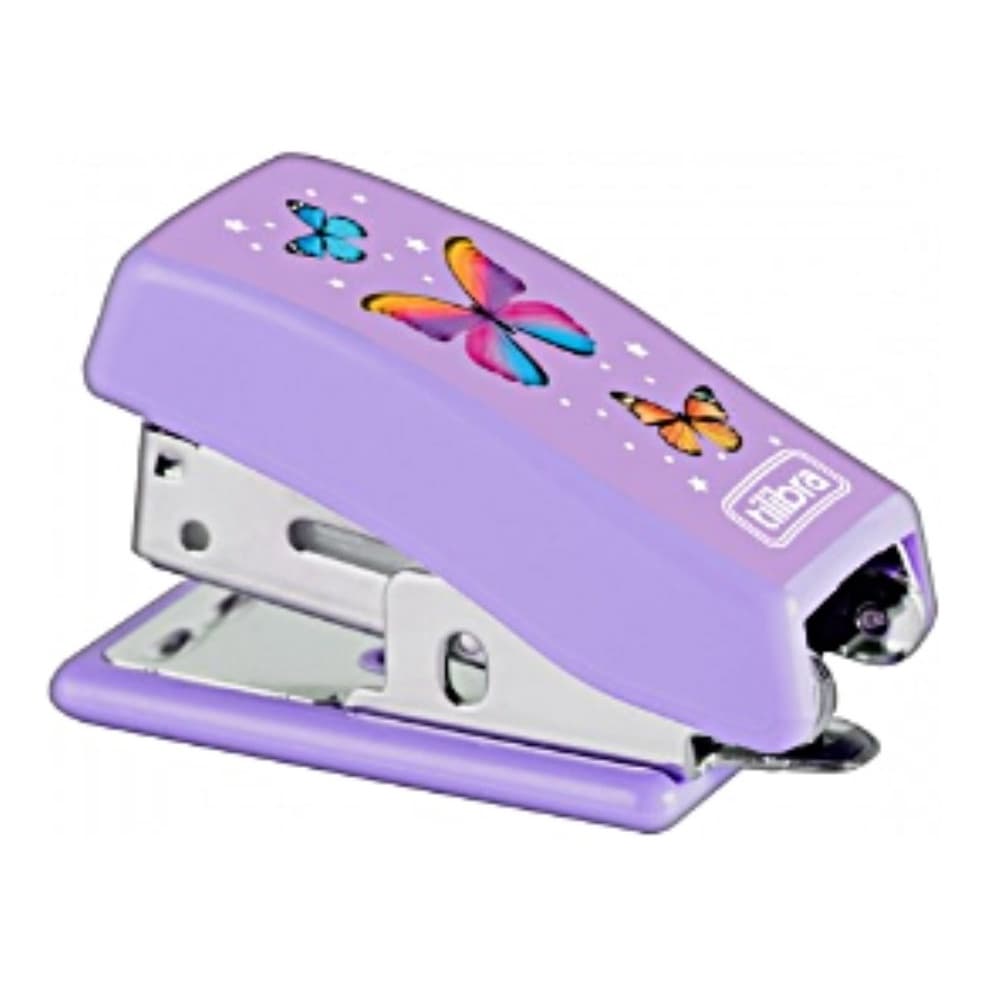 Mini Grampeador Borboleta Lilás C/ 830 Grampos + Extrator