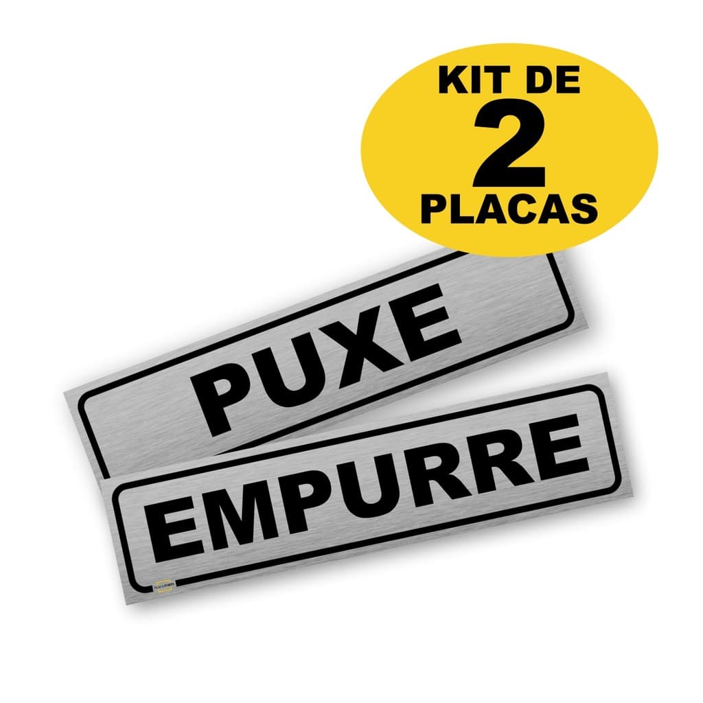 2 Placas Sinalização Puxe Empurre Aço Escovado Aviso 5x20cm PS 1mm