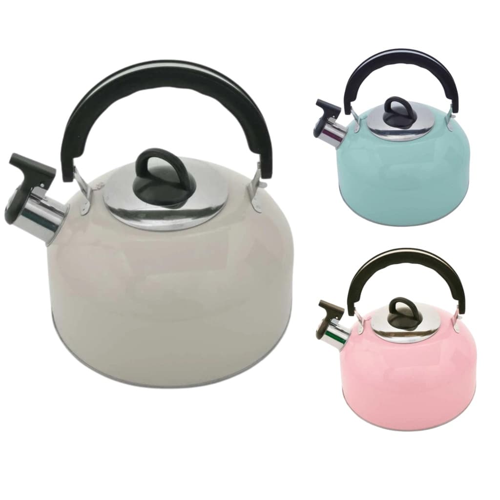 Chaleira 2 litros Inox com Apito Tampa e Alça Cabo Móvel Cor Rosa Azul Cinza Tom Pastel Moderna