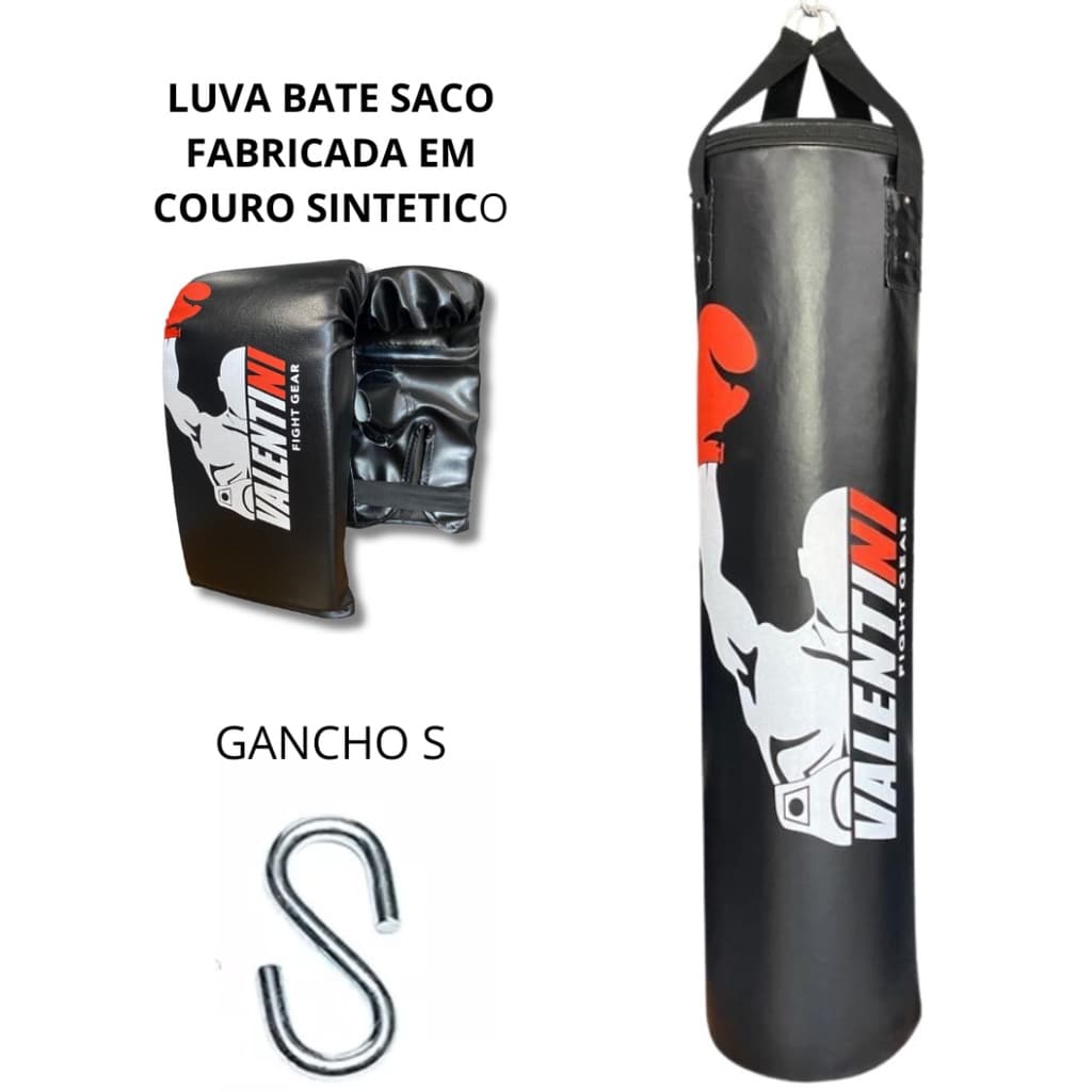 Saco de Pancada VALENTINI 120 cm - Treino Boxe Muay Thai  - Alta Resistencia + Luva Bate Saco Preta