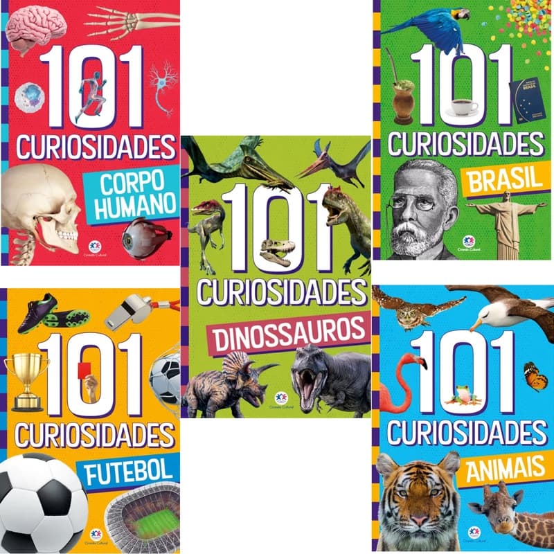 Livros 101 curiosidades Corpo humano + Dinossauros + Brasil + Futebol + Animais