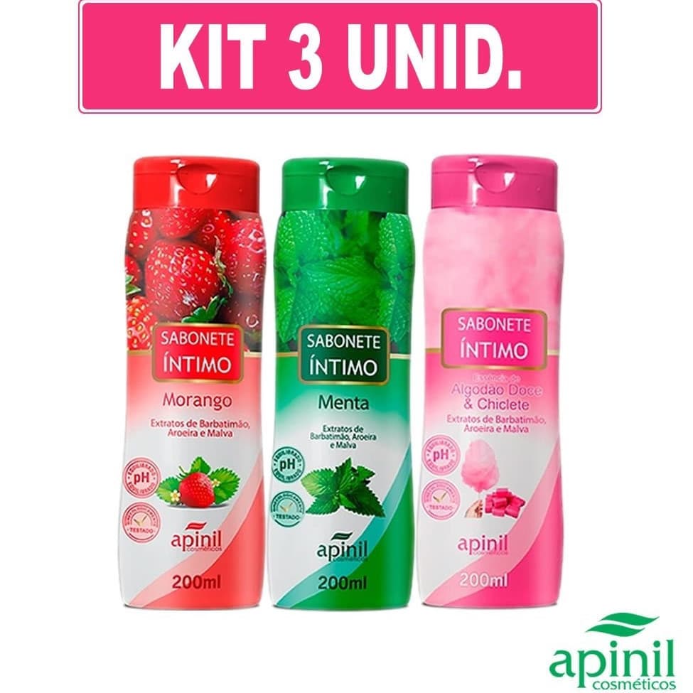 Kit com 3unun Sabonetes Apinil Íntimo Aromático Líquido (Morango + Menta + Algodão Doce)