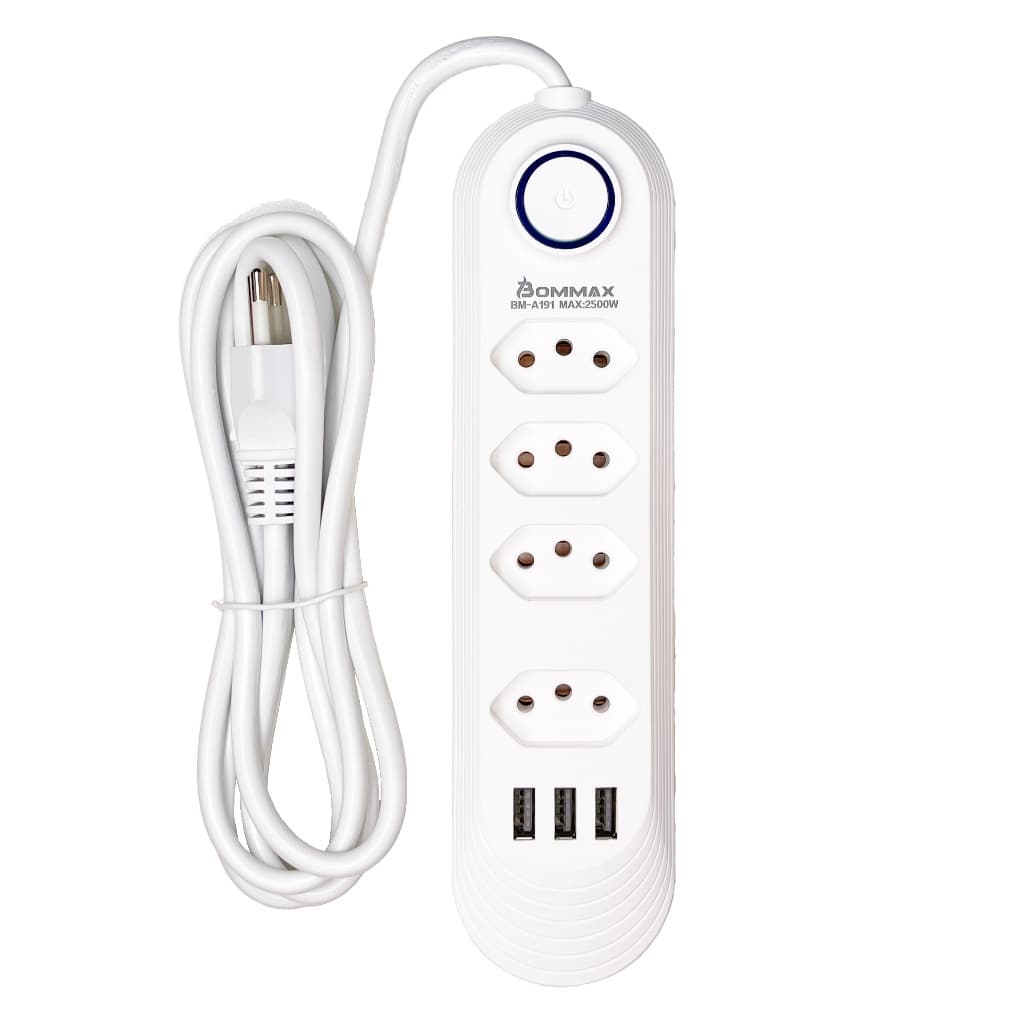 Extensão Elétrica 2m Com 4 Tomadas e 3 Entradas USB com Botão Power Socket - A191