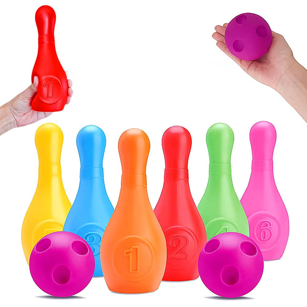 Jogo de Boliche Infantil 6 Pinos com 2 Bolas  Borracha e Vinil Macio Seguro e Divertido