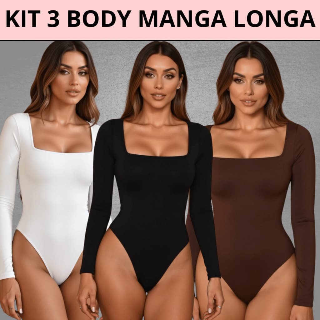 KIT 3 OU 1 UNIDADE Body Feminino Suplex Manga longa Decote Quadrado Tamanho Único Confortável