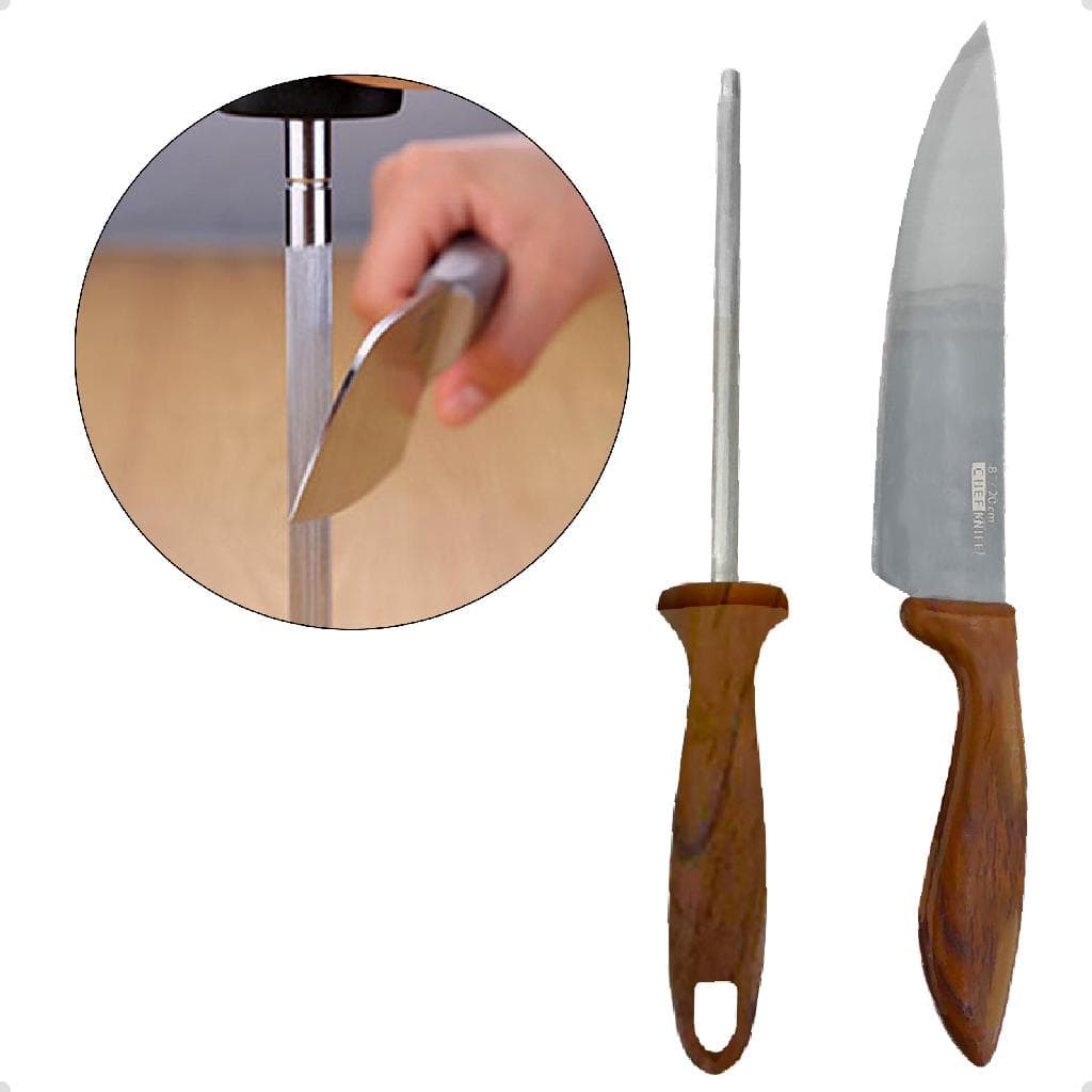 Kit De Facas E Afiador Inox Para Churrasco 2 Peças Completo Linha Premium