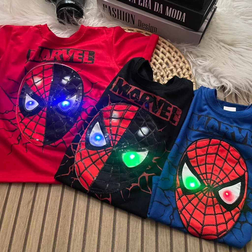 Camiseta LED Homem Aranha Infantil Festa Aniversário Carnaval Escola