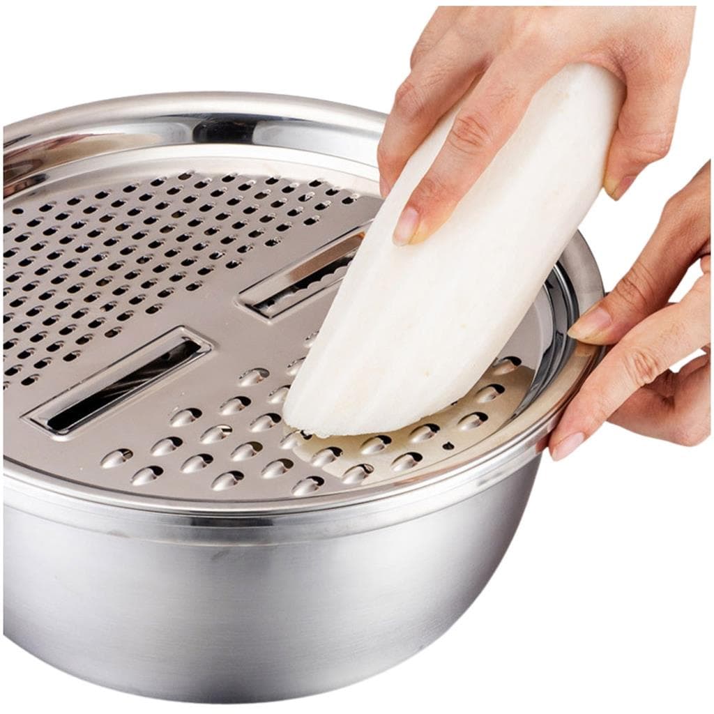 Kit 4 Em 1 Ralador Fatiador Bacia Inox Tigela Saladeira