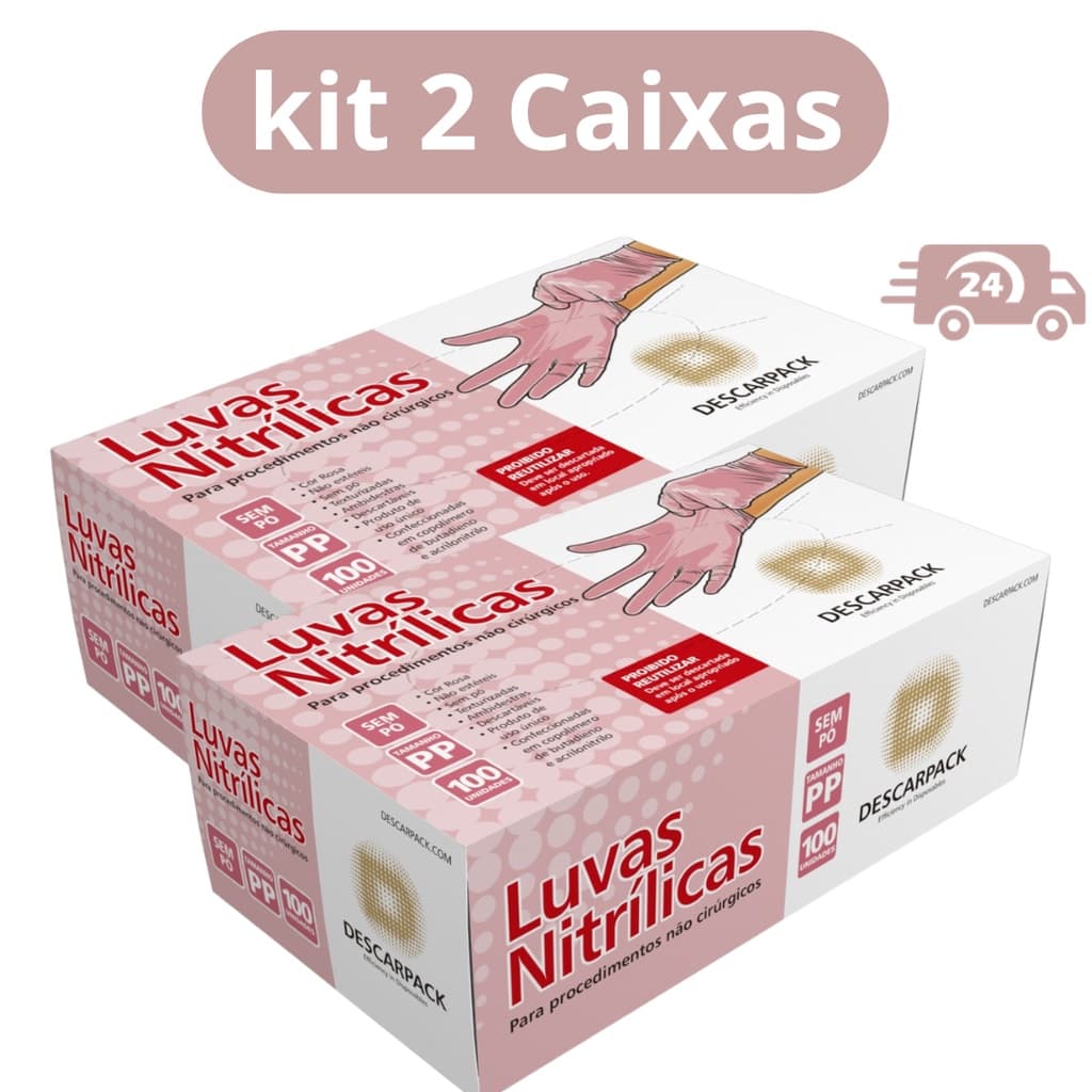 Kit 2 Caixas Luva Nitrílica Rosa Sem Pó Descartável 200 Unidades