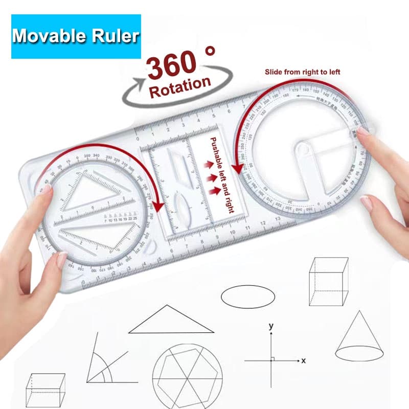 1PCS Multi Funcional 360 ° Régua De Desenho Geométrica Móvel Para Estudantes De Matemática Do Ensino Fundamental Plana