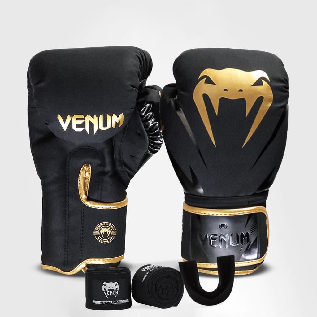 Kit Boxe Muay Thai Venum Kit Luvas + 2M Bandagem + Bucal New Impact Evo Gold
