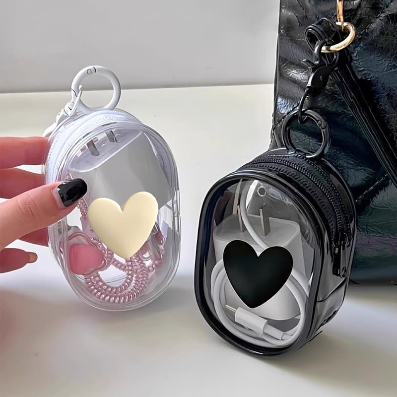 Carregador De Cabo De Dados 3D Love-Heart Bolsa De Armazenamento De Viagem Multifuncional Transparente Com Zíper E Chave