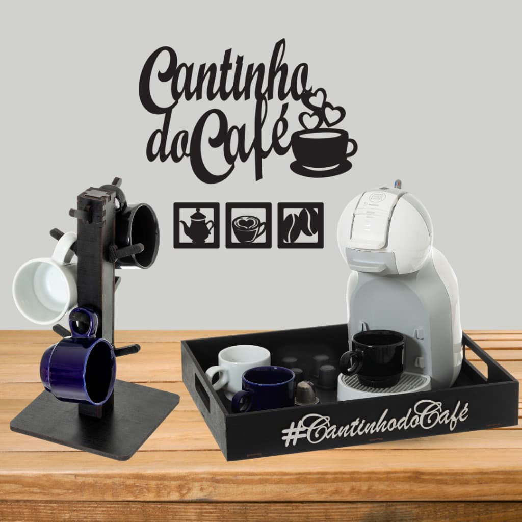 Kit Cantinho do Café Quadro Vazado + Exclusivo Porta Xícaras + Bandeja Decorativa Mdf Pintada Organizar e Servir