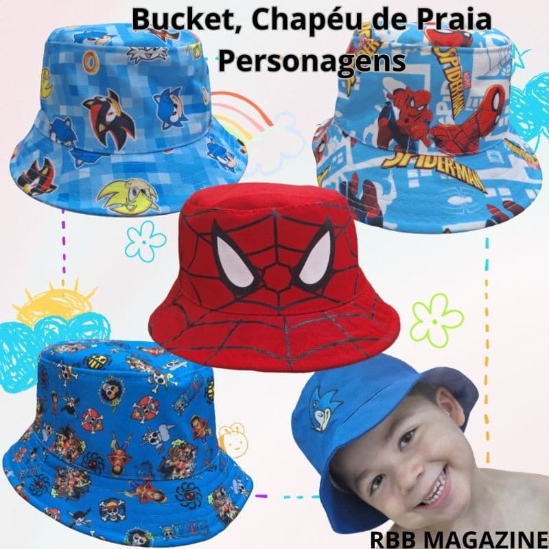 Bucket de praia infantil menino e menina, cata ovo, chapéu de praia personagens homem aranha, sonic, barbie