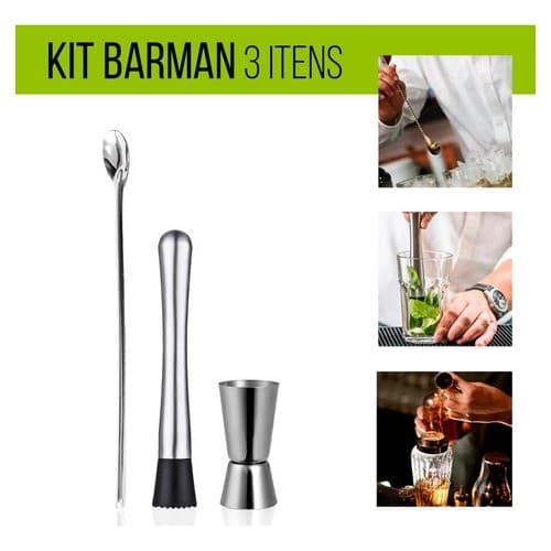 Kit Barman Inox Bartender 3 Itens Socador Dosador e Colher Bailarina Para Bar Caipirinha Drinks