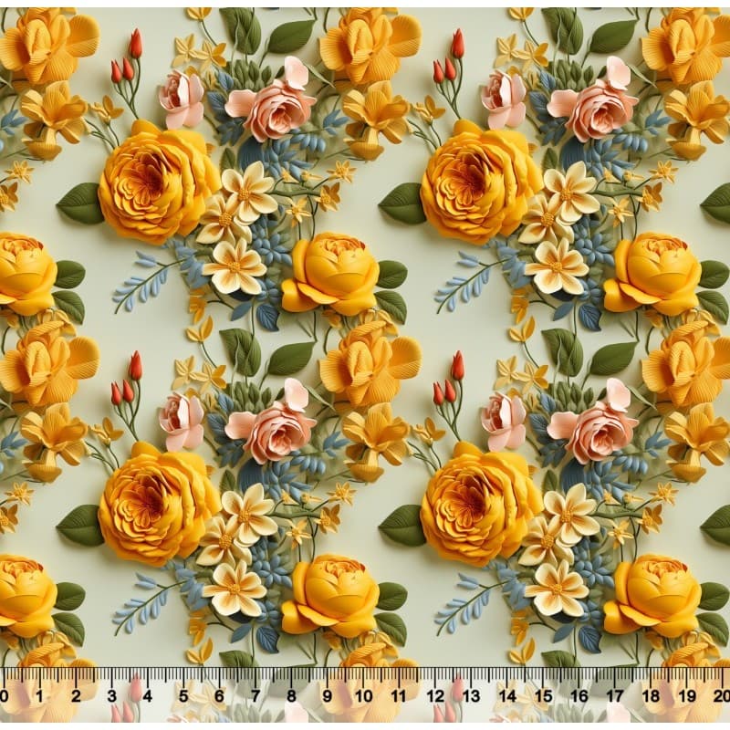Tecido Tricoline Floral 3D Amarelo fundo Verde -  1mt x 1,50mt