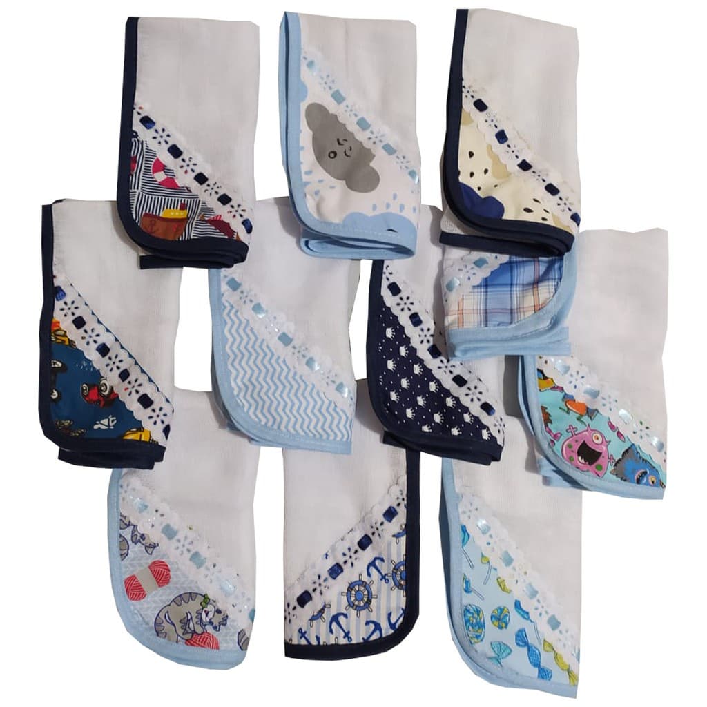 Kit com 6 Fraldinhas de Boca 100% Algodão Várias Estampas 35 x 35 cm