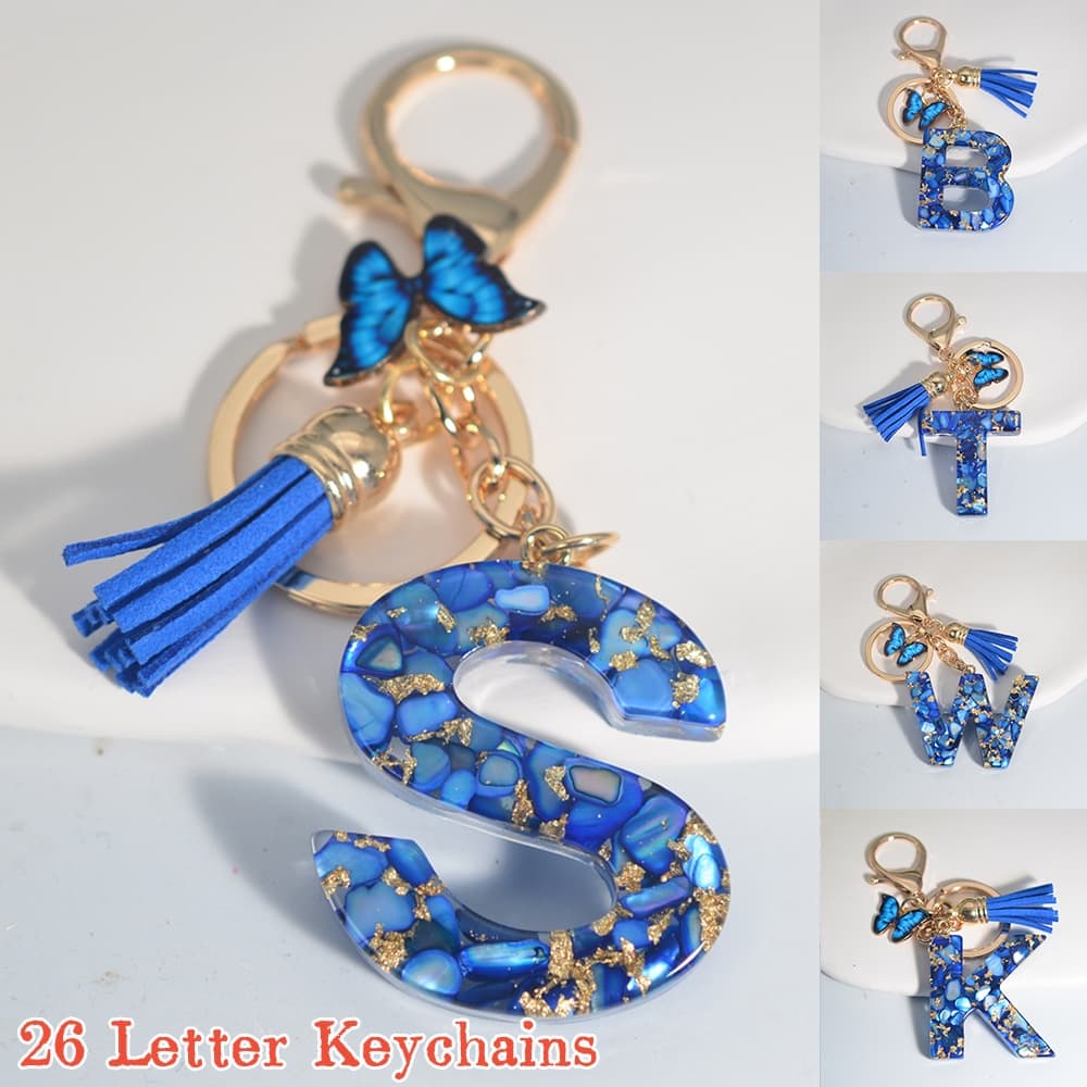 Fashion Blue A To Z 26 Iniciais Chaveiro De Lantejoulas Com Butterfly Tassel Para Mulher Homem Acessórios De Mala De Mão