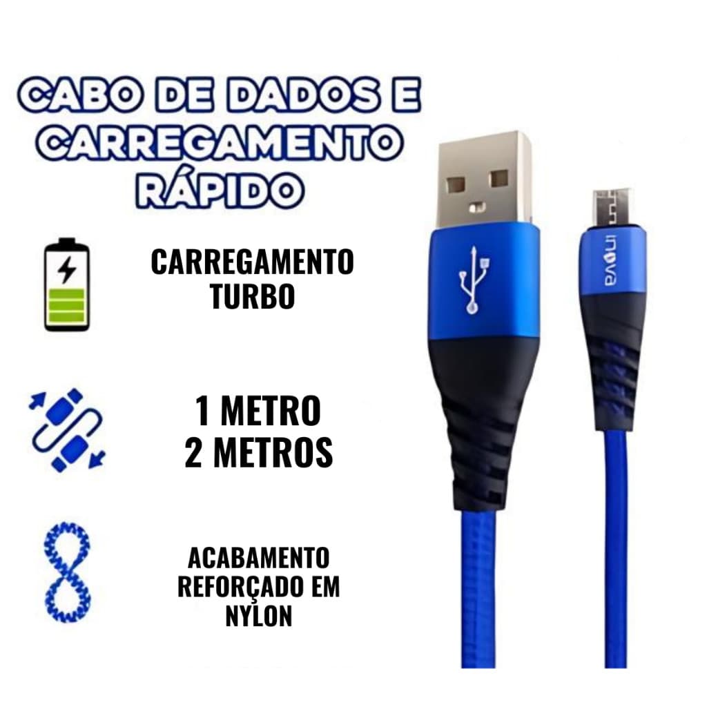Cabo Carregador Turbo 1 Metro 2 Metros Reforçado V8 Tipo C Ip