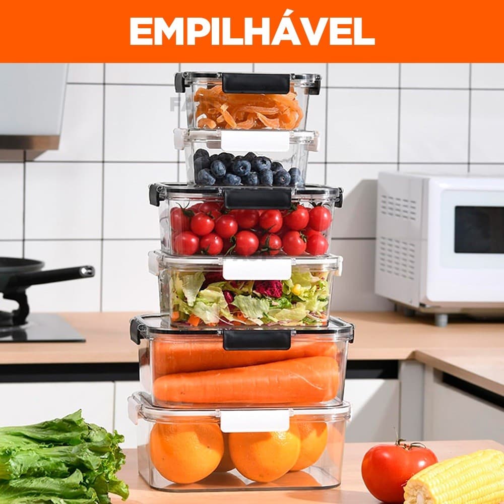 Kit 6 Potes Pote Hermético Organizador de Geladeira Tampa Alta Vedação em Silicone Organiza Marmita e Armário