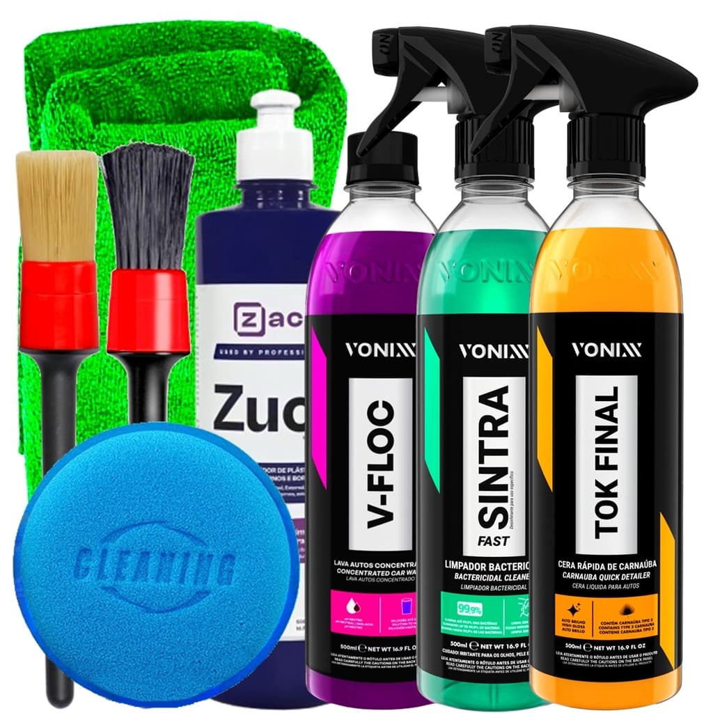 Kit Revitalização Brilho Proteção Vonixx Tok final Sintra Fast V-Floc Zucs Pincel Detalhamento Aplicador Toalha Karbox 
