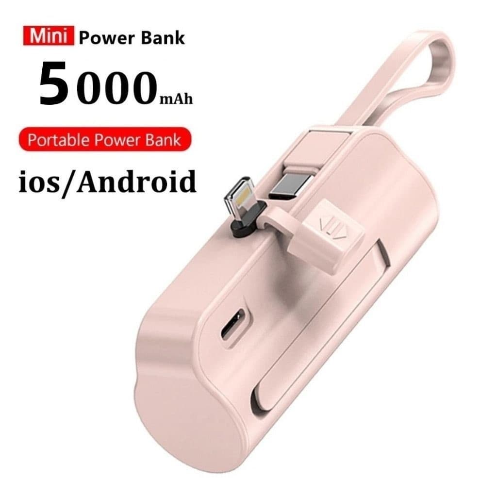 Carregador Mini Power Bank 5000mAh Bateria Auxiliar Sem Fio 2em1 Carregador Portátil para iPhone e Tipo-C