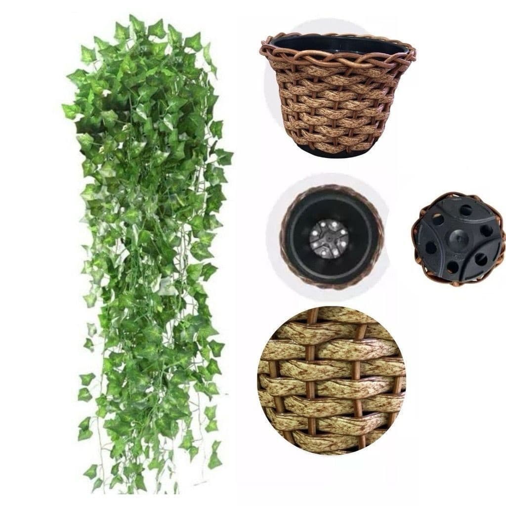 Kit 2 Vaso Trançado + 4 Plantas Pendente Verde Artificial Arranjo De Parede Enfeite