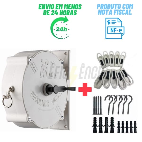 Varal 30 Metros Recolhível de Parede uso Externo e Interno