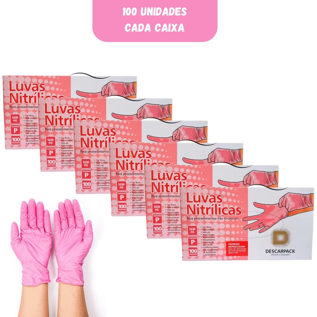 Kit Com 6 Luva Descarpack Nitrílica Rosa de 100 Uni Cada Caixa - Tamanho P