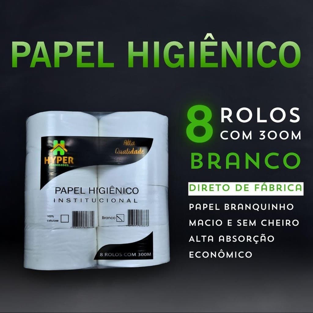 Papel Higiênico Rolão Institucional Big Grande Branquinho 300m C/8 Rolos
