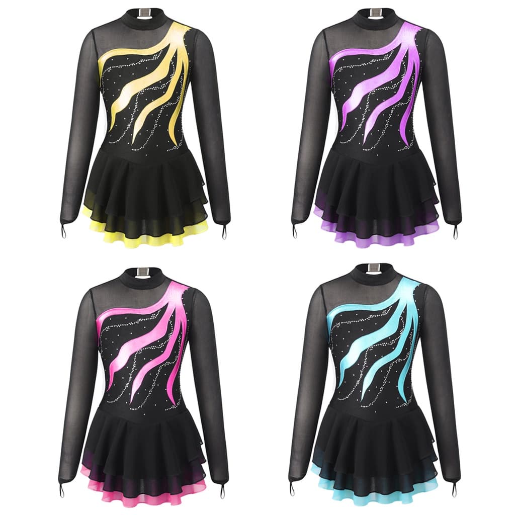 Crianças Meninas Roupas Elegantes Manga Longa Decote Redondo Strass Decorado Estilo Retalhos Oco Volta Vestido De Dança