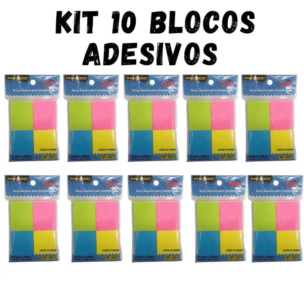 Kit 10 Blocos Adesivo Neon para Anotações 4 cores Masterprint