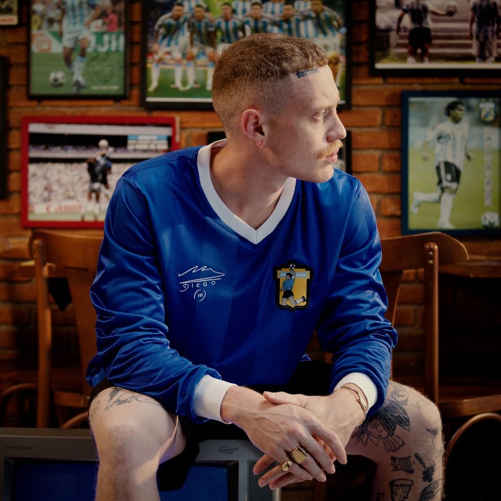 Camisa Argentina 1986 Away Retrô Maradona La Mano de Dios Manga Longa Masculino Oficial